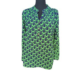 Macbeth Collection Blouse Top size M Green Blue Geometric Long Sleeve Button Up